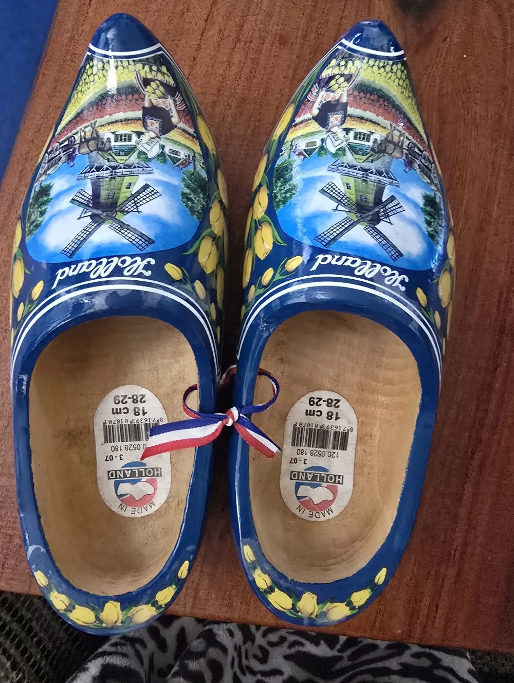 Holland Blue Kids Wooden Moccasin Clogs with Tulip & Windmill Art